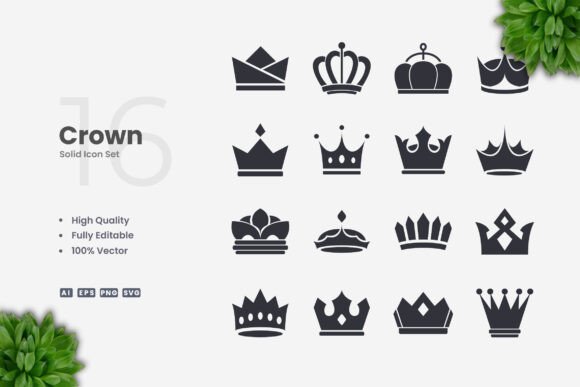 Crown Solid Icons: Simple, Clean, and Versatile
