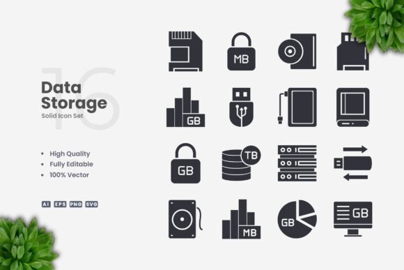 Data Storage Solid Icons: Clean & Versatile Design