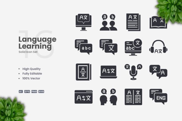 Language Learning Solid Icons: A Versatile Design Resource for Modern Projects